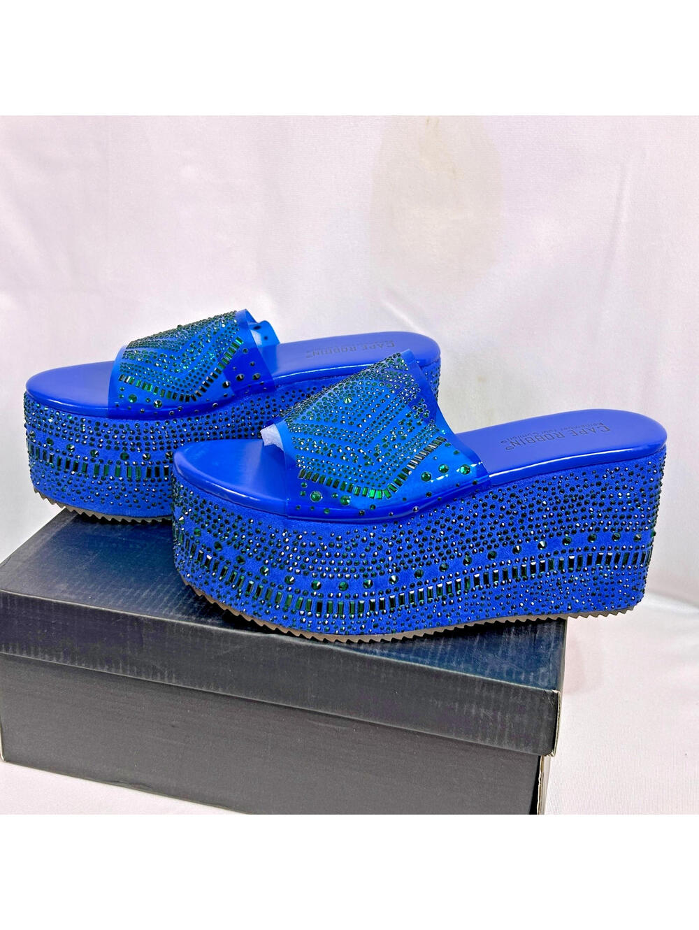 Cape Robbin Ramis Platform Sandals Size 6 Blue Rhinestone Slides New